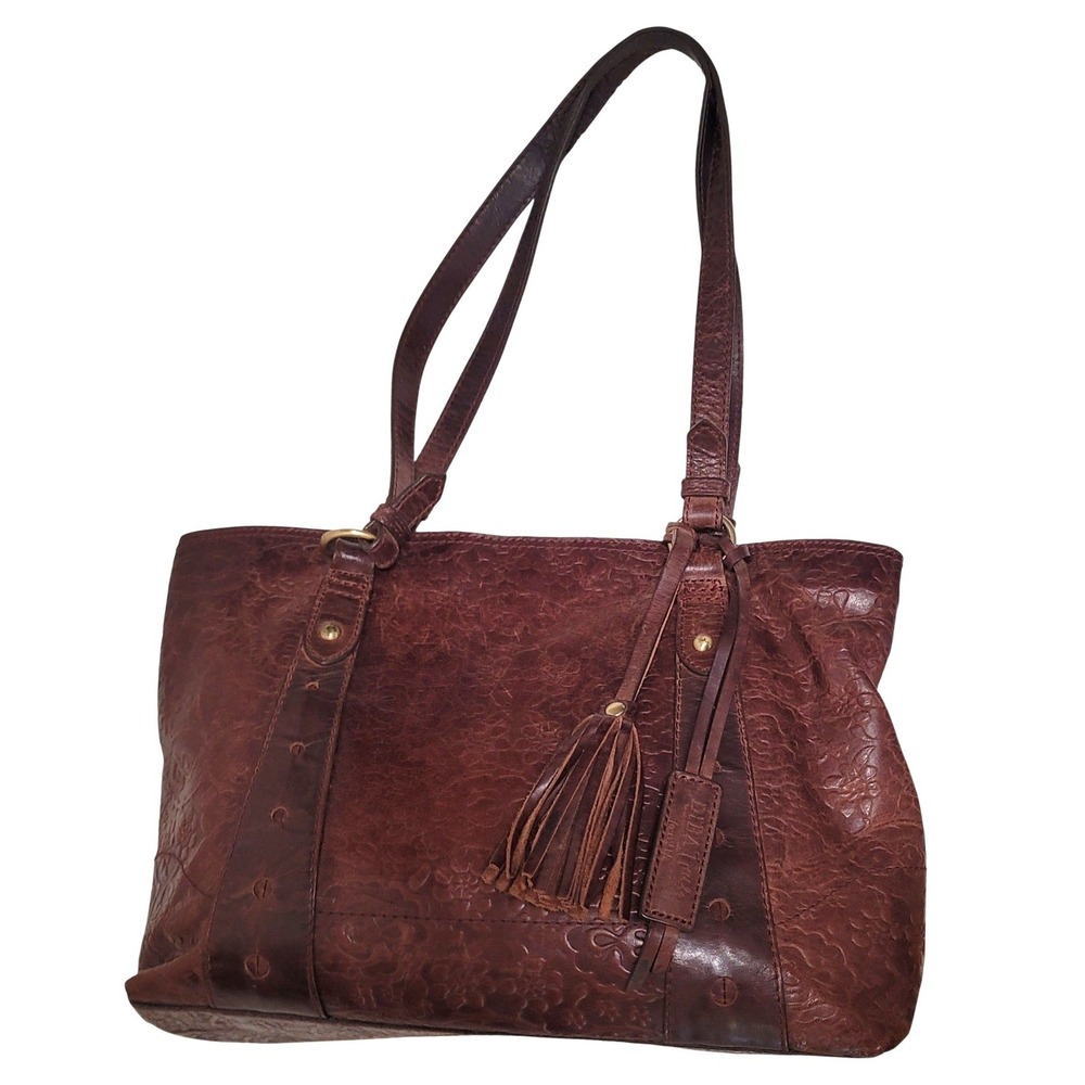 Diba True Floral Embossed Leather Large Shoulder Bag Brown Boho Tooled Tassel - Picture 11 of 16